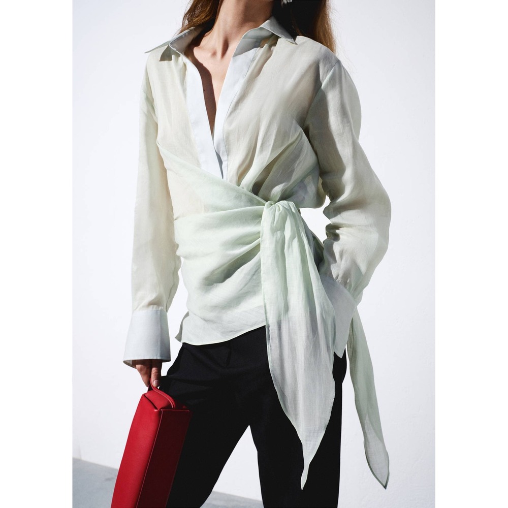 Mango Selection Women Light Green 100% Ramie Wrap Blouse Tie Waist Top